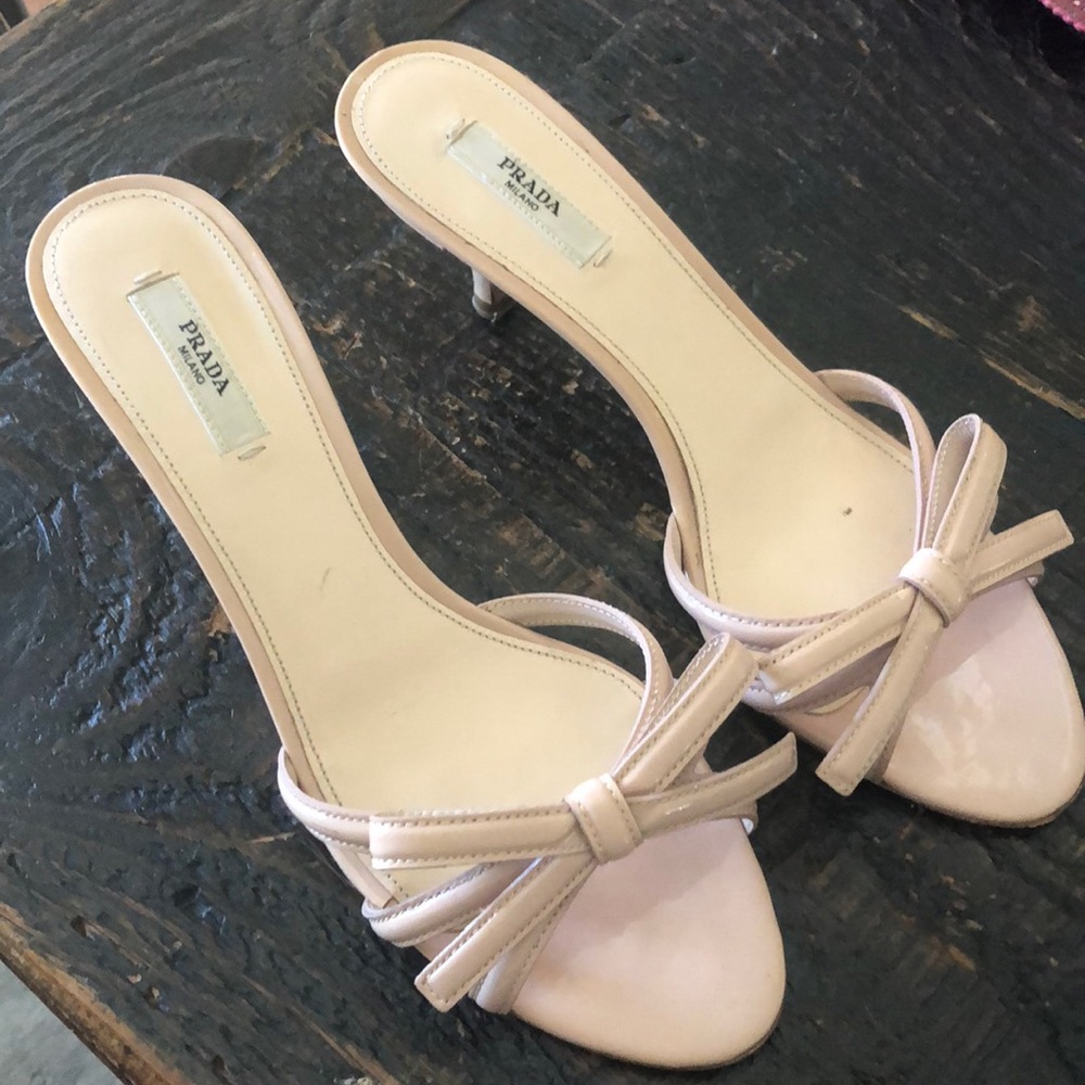 Prada, patent leather low kitten heel open toe